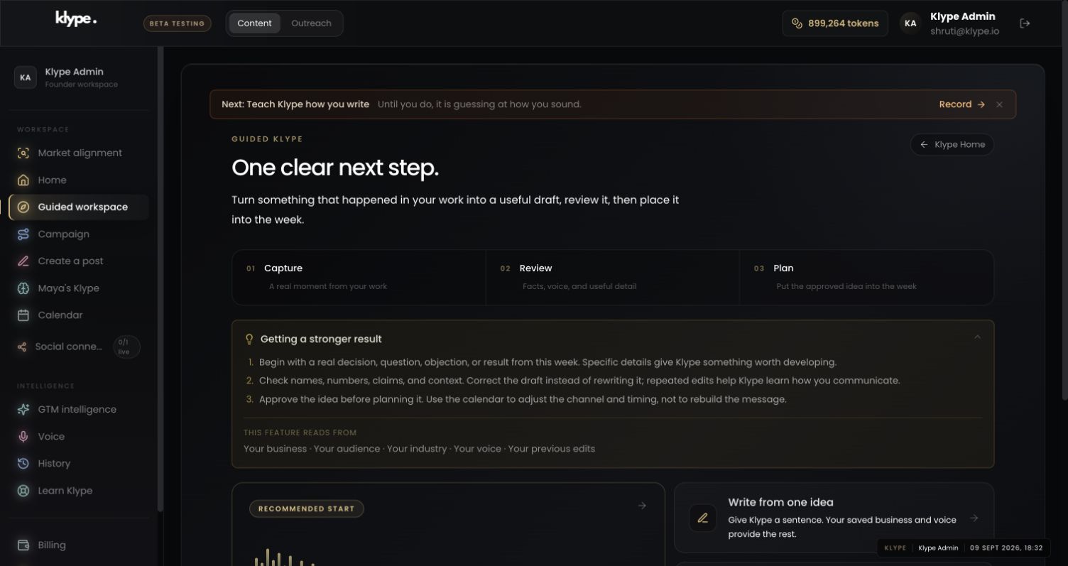 Klype interface illustrating guided starting options