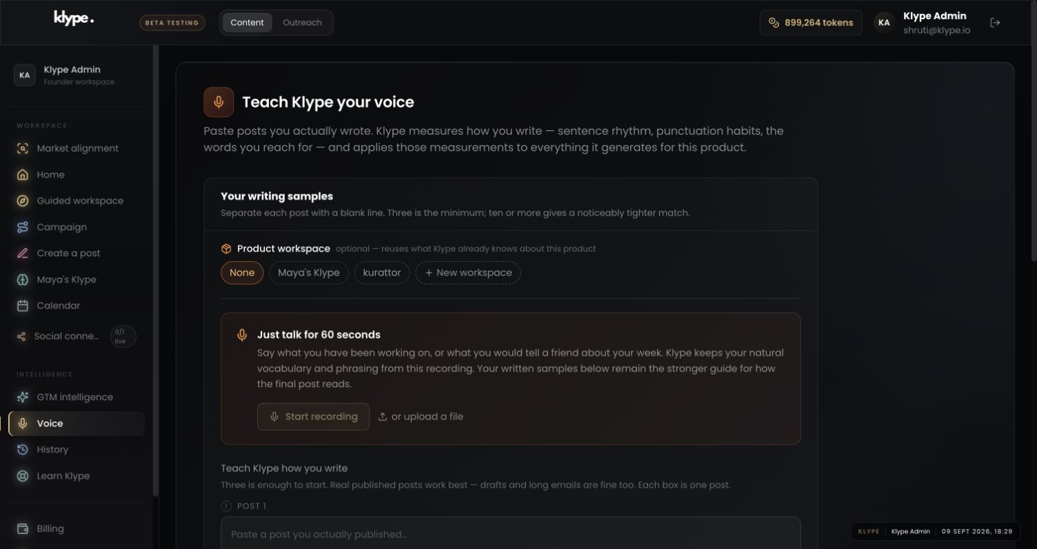 Klype interface illustrating business context workspace