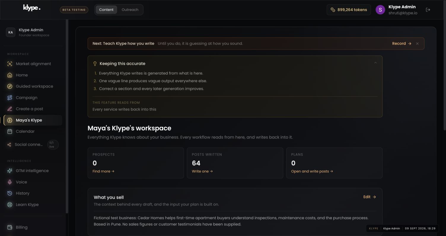 Actual Klype workspace for business context